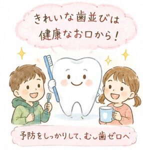 「きれいな歯並びは健康なお口から！」歯ブラシを持つ子どもたちと歯のキャラクターのイラスト