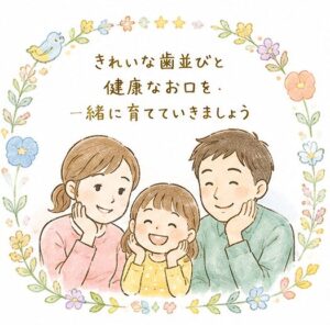 「きれいな歯並びと健康なお口を、一緒に育てていきましょう」と伝えるご家族のイラスト