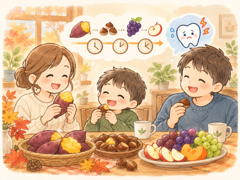 「食欲の秋」さつまいもや栗、果物など旬の食べ物のイラスト