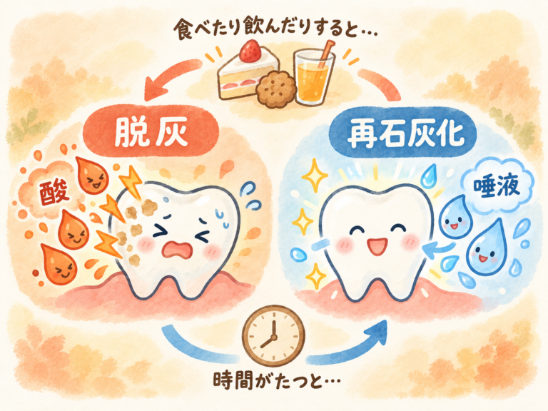 食事のたびにお口の中で「脱灰」と「再石灰化」が繰り返される様子のイラスト