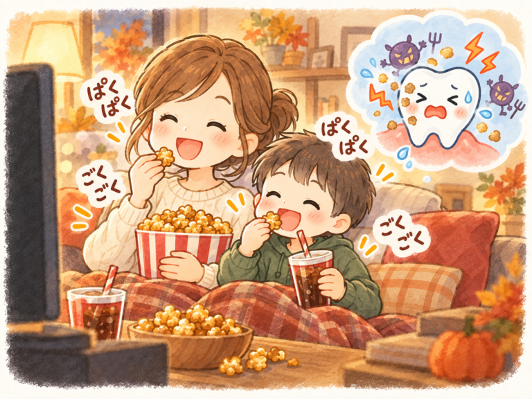 自宅でお菓子と甘い飲み物を楽しみながら映画を観る「毎日が映画館」状態のイラスト