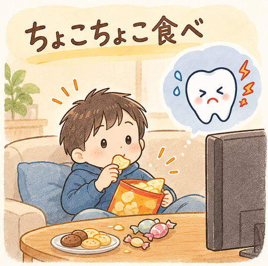 テレビを見ながらお菓子を少しずつ食べ続ける「ちょこちょこ食べ」のイラスト