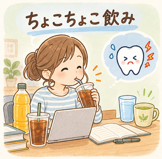 仕事をしながら甘い飲み物を少しずつ飲み続ける「ちょこちょこ飲み」のイラスト